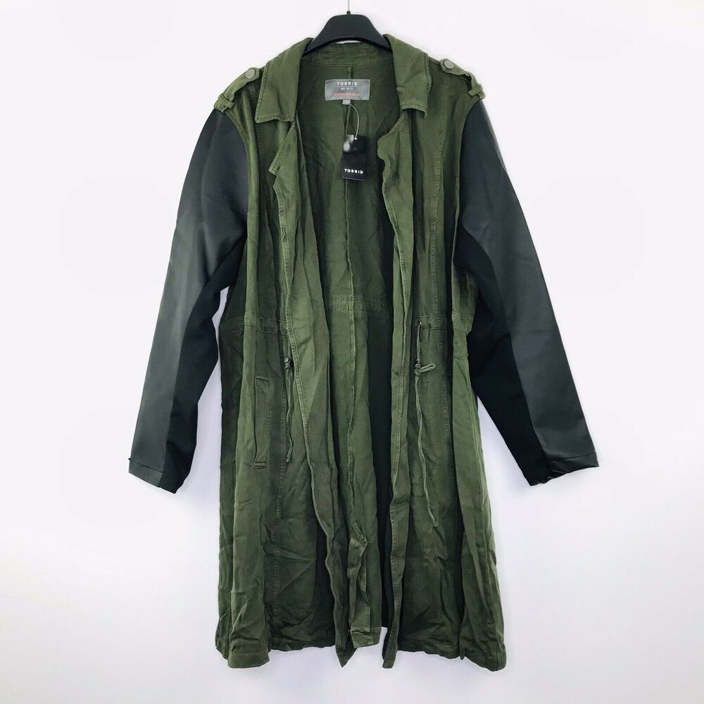 Torrid 2X Anorak Coat Olive Green Twill Faux Leather Sleeves Drawstring NWT